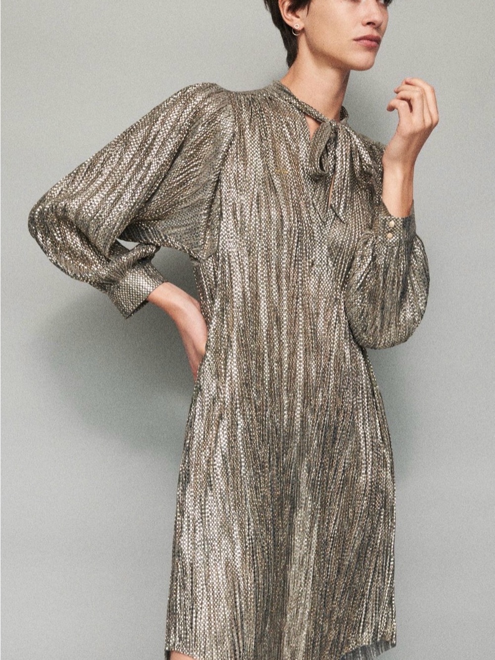Sabina Musayev Shimmering Gold Pleated Tie-Neck Long Sleeve Dress